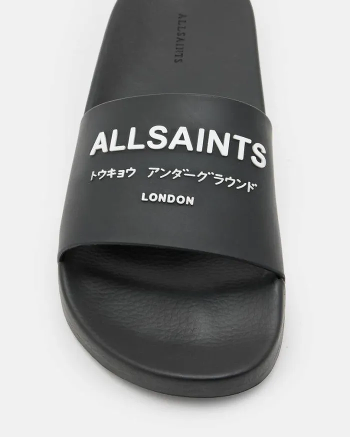 Underground Logo Slip On Slides Black Women AllSaints Shoes and Boots