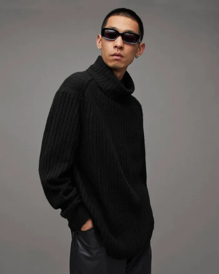Varid Funnel Neck Relaxed Fit Sweater Black Men AllSaints Sweaters