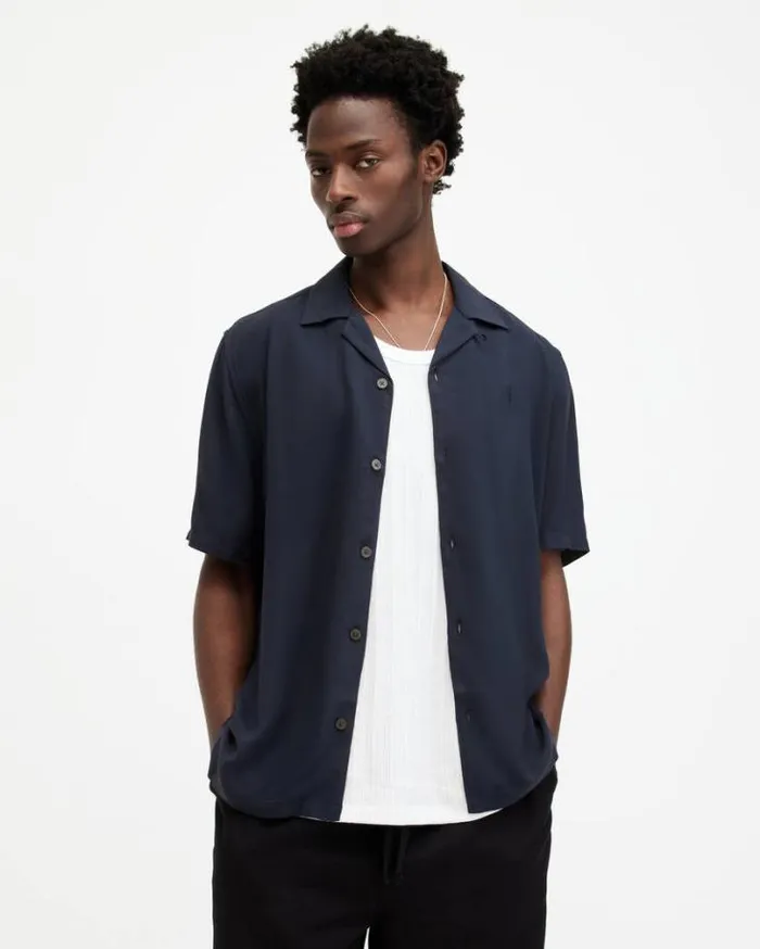 Venice Revere Collar Ramskull Shirt Night Sky Blue Men AllSaints Shirts