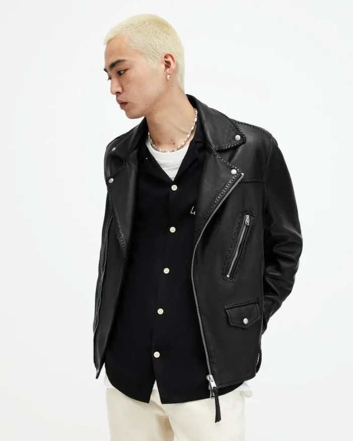 Warner Relaxed Fit Leather Biker Jacket Black Men AllSaints Jackets and Coats