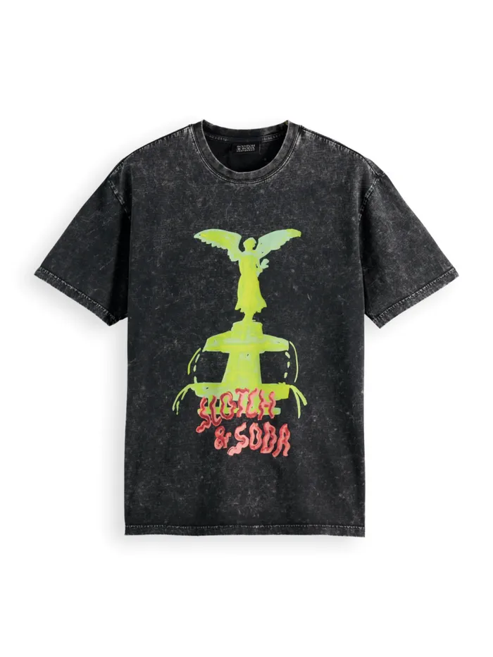Washed Artwork Relaxed Fit Tshirt Black Men Scotch and Soda TShirts and Polo Shirts