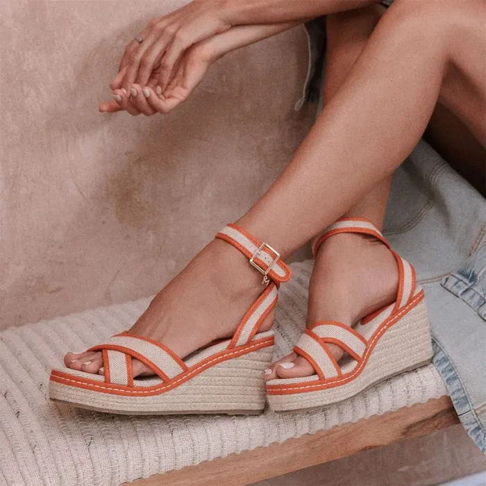 Wedge Sandals Women Moda In Pelle Pamela Orange Textile