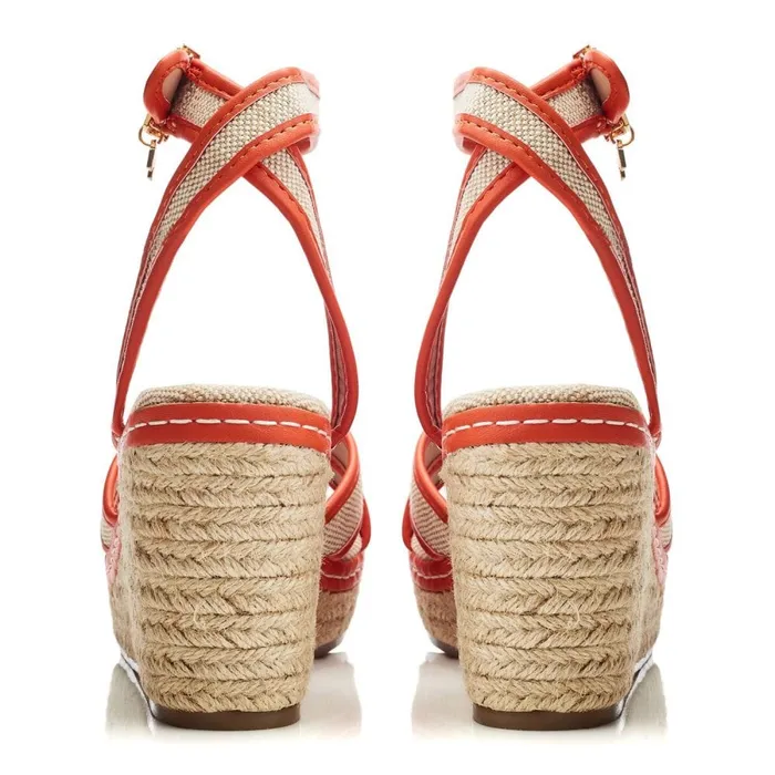 Wedge Sandals Women Moda In Pelle Pamela Orange Textile
