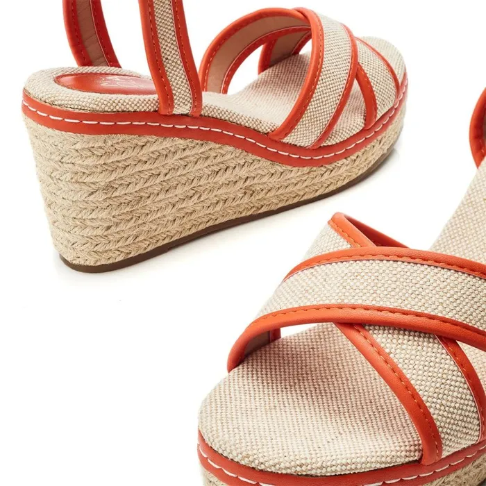 Wedge Sandals Women Moda In Pelle Pamela Orange Textile