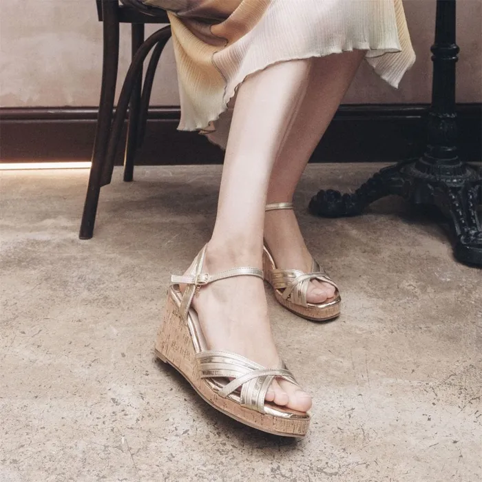 Wedge Sandals Women Moda In Pelle Peppermint Gold Leather