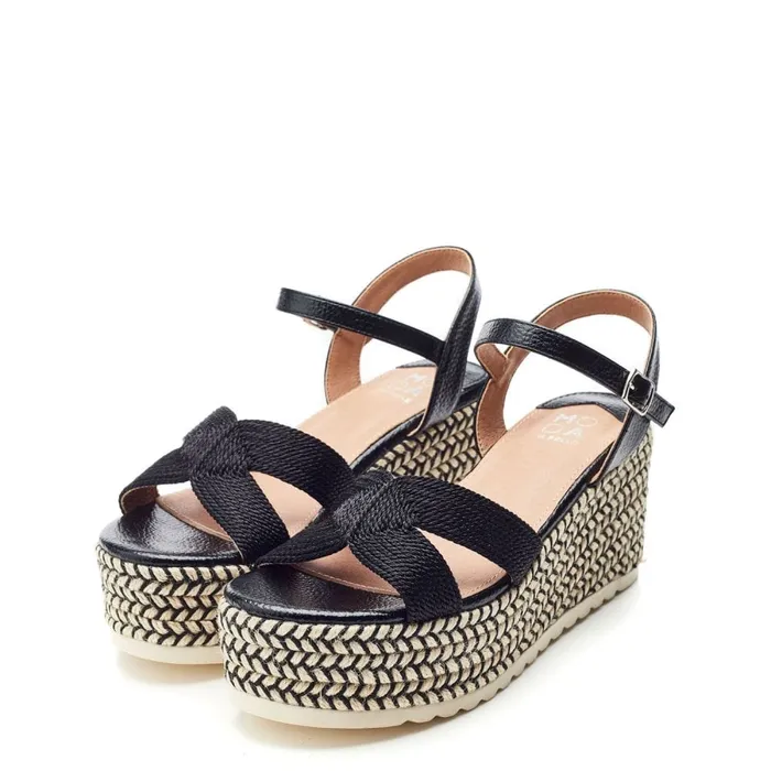 Wedge Sandals Women Moda In Pelle Piala Black Textile