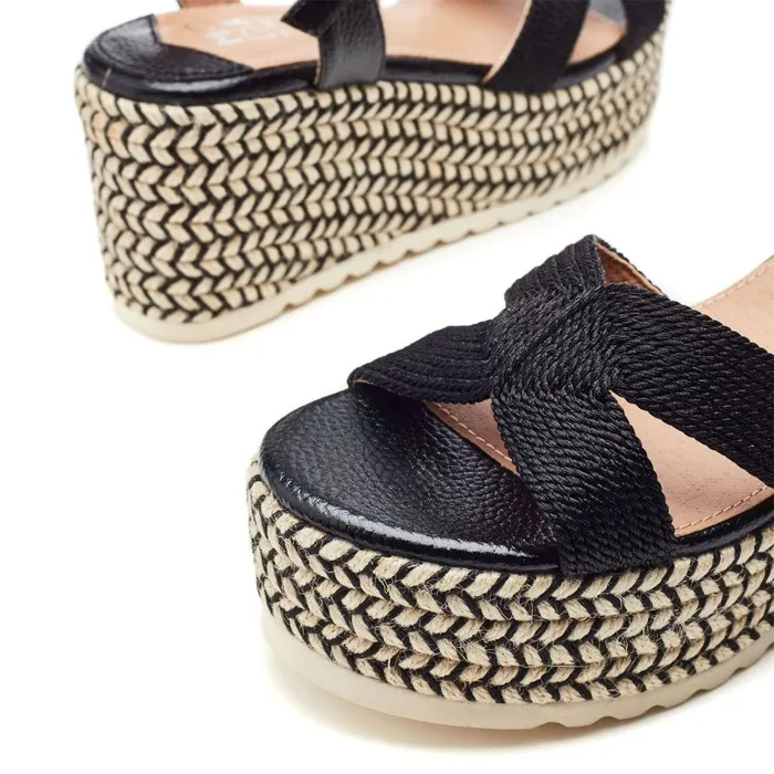 Wedge Sandals Women Moda In Pelle Piala Black Textile