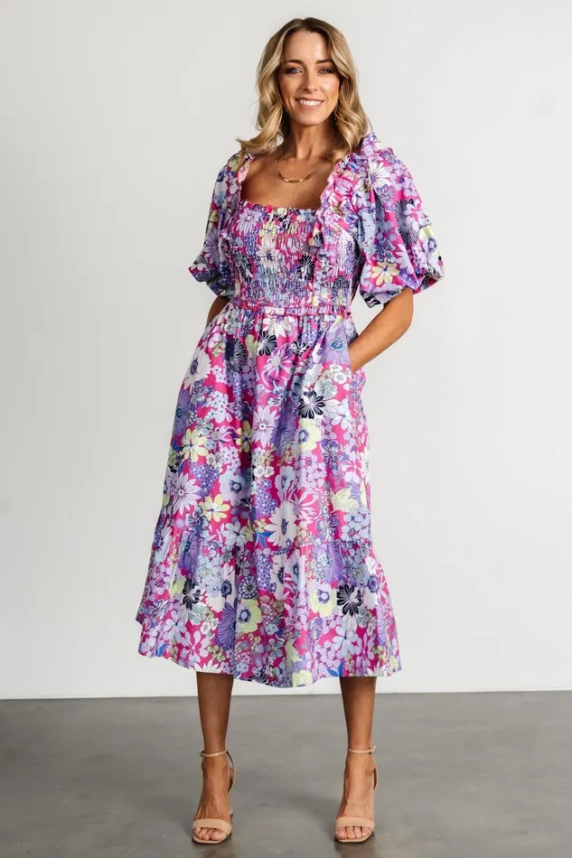 Wendy Puff Sleeve Midi Dress Fuchsia Multi Women Baltic Born Midi Dresses