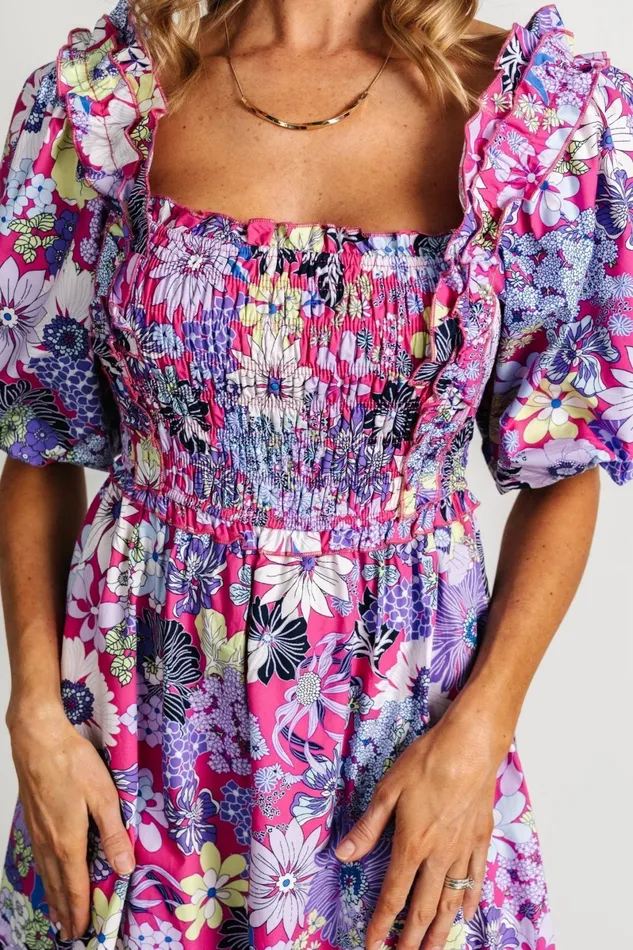 Wendy Puff Sleeve Midi Dress Fuchsia Multi Women Baltic Born Midi Dresses Wendy Puff Sleeve Midi Dress Fuchsia Multi Women Baltic Born Midi Dresses