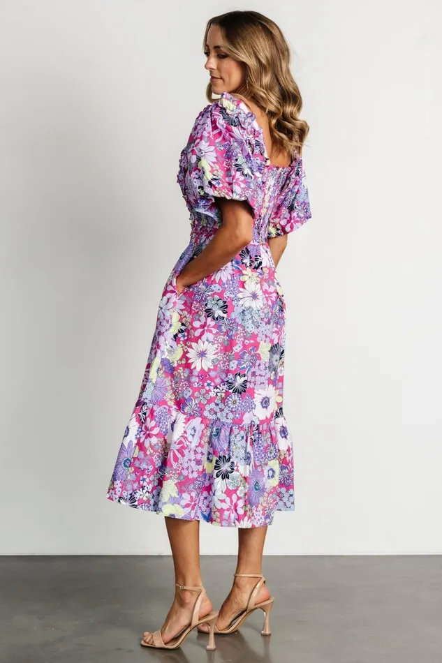 Wendy Puff Sleeve Midi Dress Fuchsia Multi Women Baltic Born Midi Dresses Wendy Puff Sleeve Midi Dress Fuchsia Multi Women Baltic Born Midi Dresses