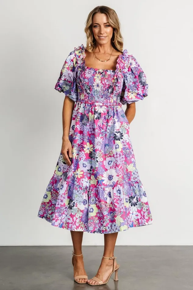 Wendy Puff Sleeve Midi Dress Fuchsia Multi Women Baltic Born Midi Dresses Wendy Puff Sleeve Midi Dress Fuchsia Multi Women Baltic Born Midi Dresses