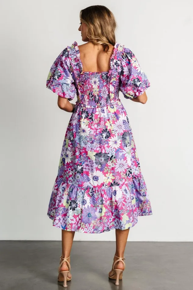 Wendy Puff Sleeve Midi Dress Fuchsia Multi Women Baltic Born Midi Dresses Wendy Puff Sleeve Midi Dress Fuchsia Multi Women Baltic Born Midi Dresses