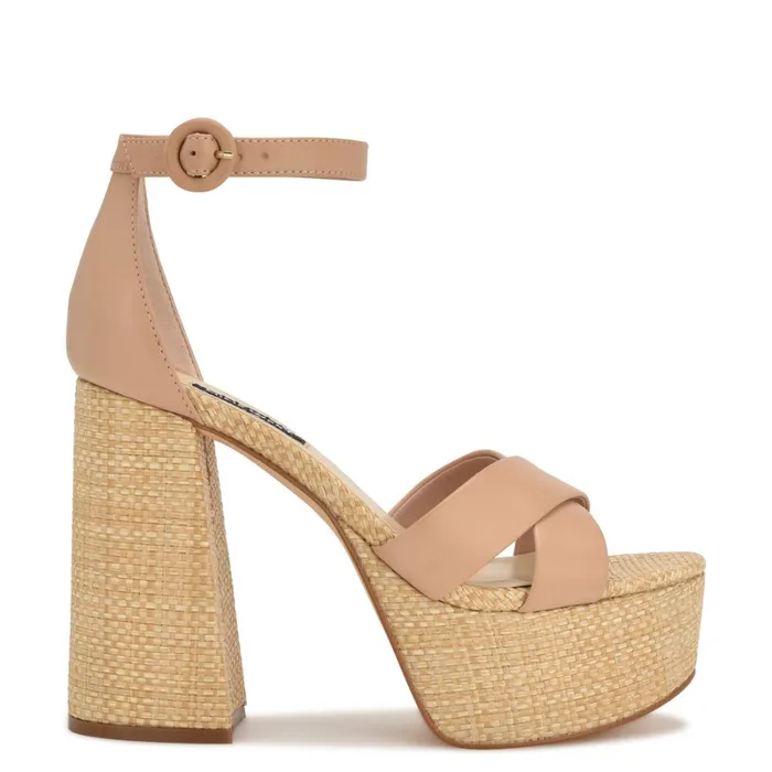Willie Platform Sandals Barely Nude Raffia Women Nine West High Heels