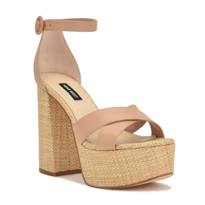 Willie Platform Sandals Barely Nude Raffia Women Nine West High Heels Willie Platform Sandals Barely Nude Raffia Women Nine West High Heels