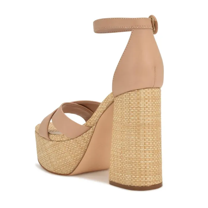 Willie Platform Sandals Barely Nude Raffia Women Nine West High Heels Willie Platform Sandals Barely Nude Raffia Women Nine West High Heels