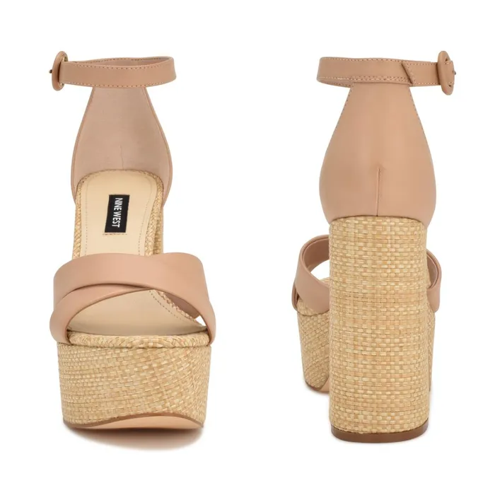 Willie Platform Sandals Barely Nude Raffia Women Nine West High Heels Willie Platform Sandals Barely Nude Raffia Women Nine West High Heels