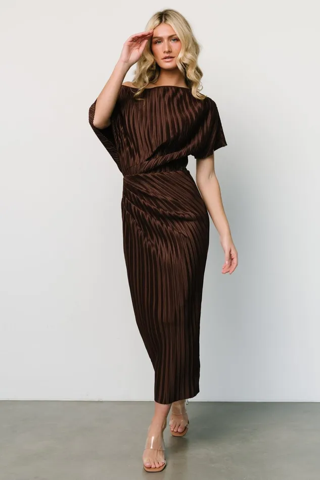 Winslow Pleated Midi Dress Dark Brown Women Baltic Born Midi Dresses