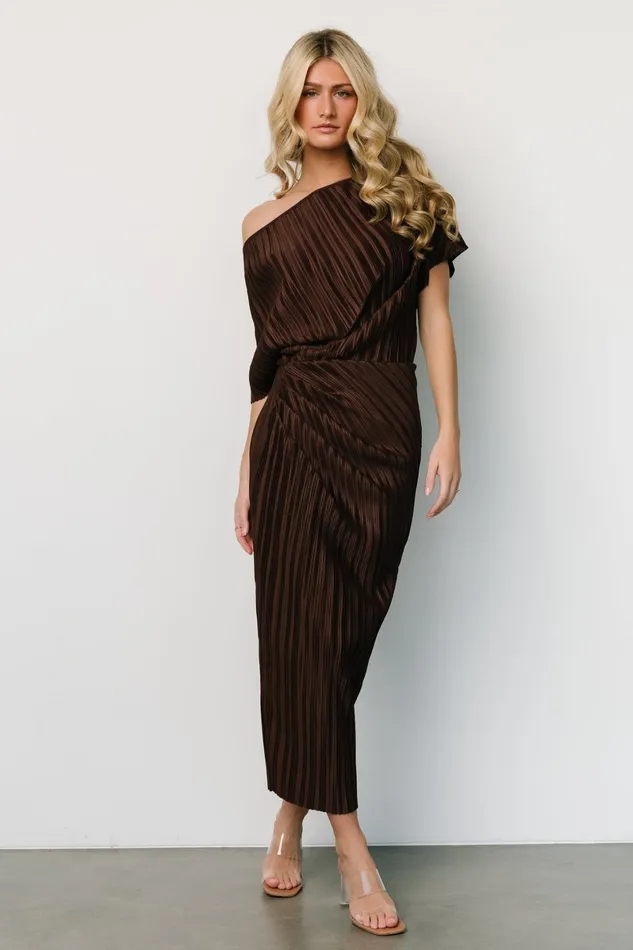 Winslow Pleated Midi Dress Dark Brown Women Baltic Born Midi Dresses