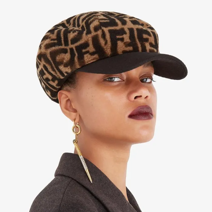 Woman Baseball Cap In Brown Shearling Brown Fendi Hats and Gloves