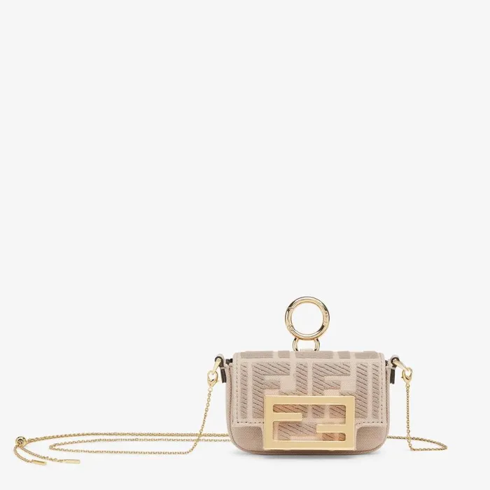 Woman Beige Canvas Charm With Ff Embroidery Beige Fendi Miniature Bags