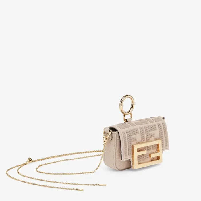 Woman Beige Canvas Charm With Ff Embroidery Beige Fendi Miniature Bags