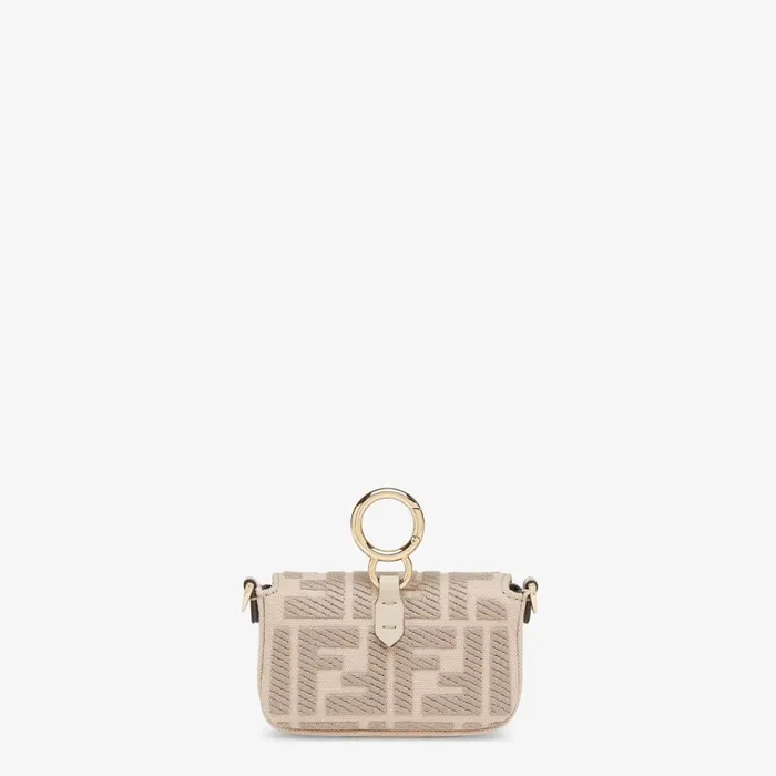 Woman Beige Canvas Charm With Ff Embroidery Beige Fendi Miniature Bags