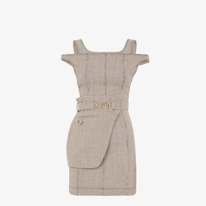 Woman Beige Houndstooth Wool Dress Beige Fendi Dresses and Jumpsuits