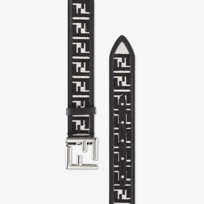 Woman Black And White Canvas Belt With Ff Embroidery White Fendi Belts