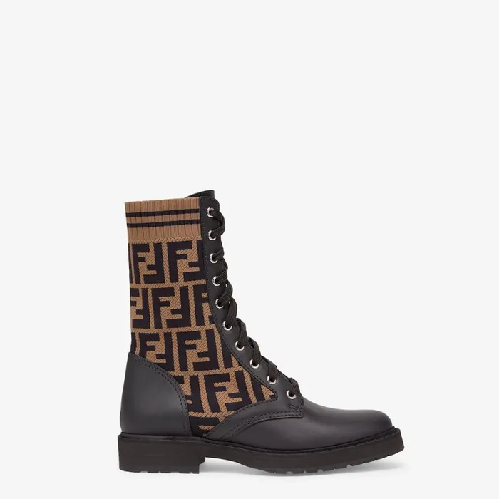 Woman Black Leather Biker Boots With Stretch Fabric Black Fendi Boots and Ankle Boots