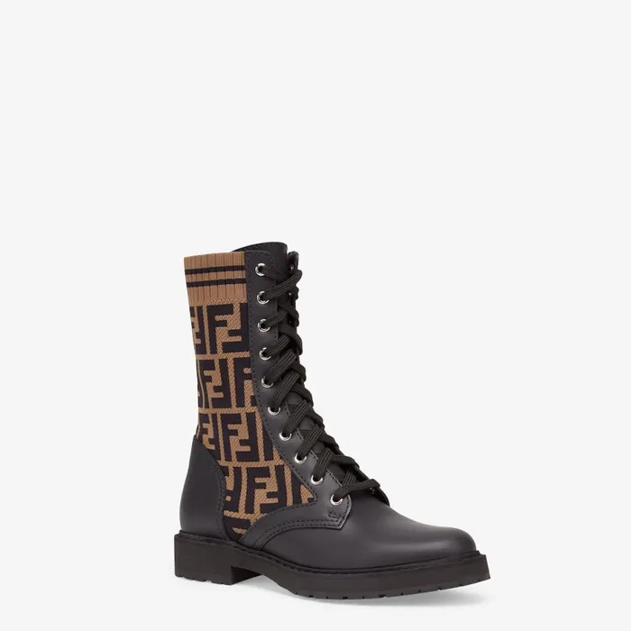 Woman Black Leather Biker Boots With Stretch Fabric Black Fendi Boots and Ankle Boots