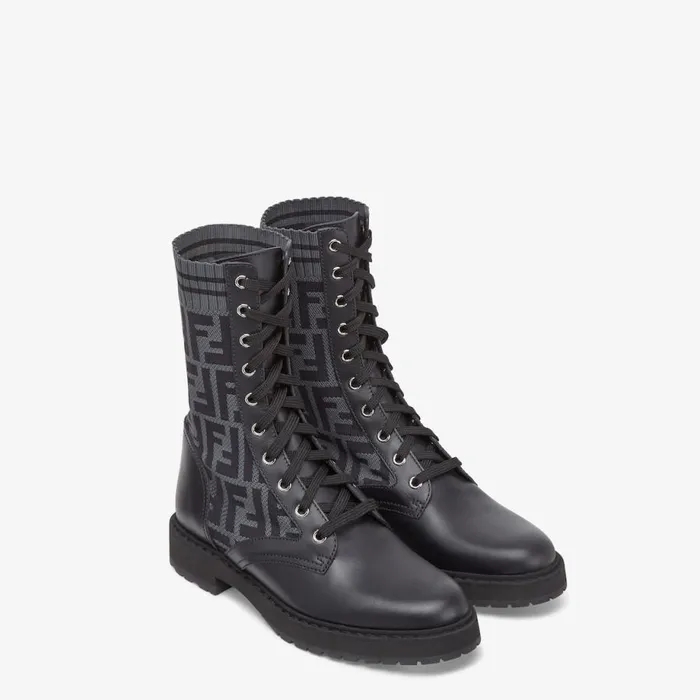 Woman Black Leather Biker Boots With Stretch Fabric Black Fendi Boots and Ankle Boots