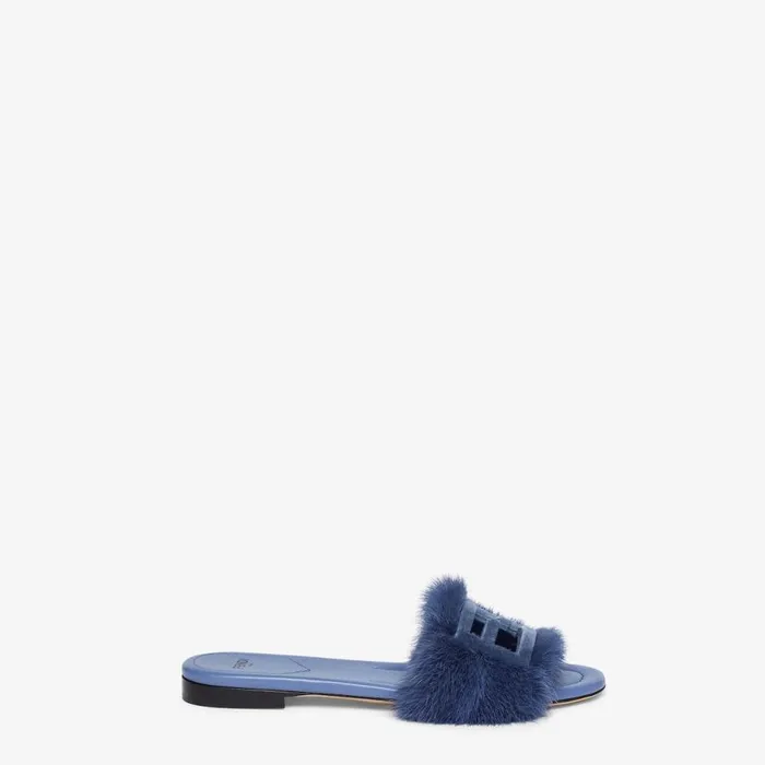Woman Blue Mink Slides Blue Fendi Slides and Mules