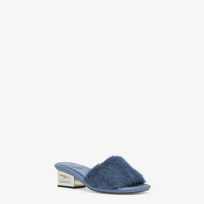 Woman Blue Mink Slides Blue Fendi Slides and Mules