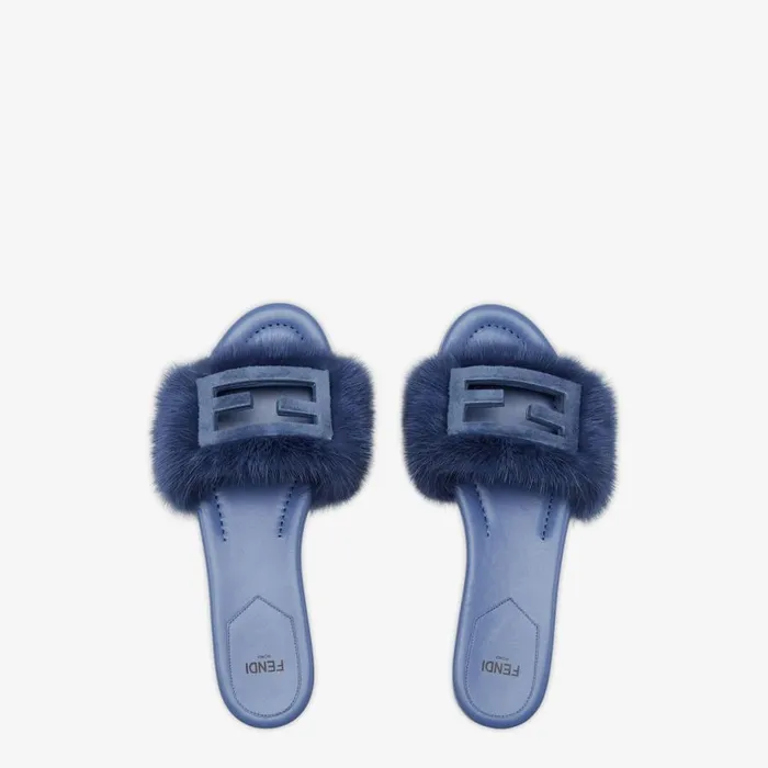 Woman Blue Mink Slides Blue Fendi Slides and Mules