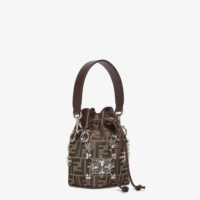 Woman Brown Ff Fabric MiniBag With Embroideries Brown Fendi Mini Bags