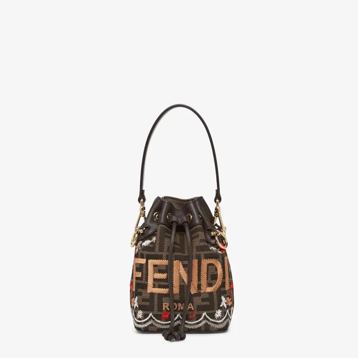 Woman Brown Ff Jacquard Fabric Mini Bag With Embroidery Brown Fendi Bucket Bags
