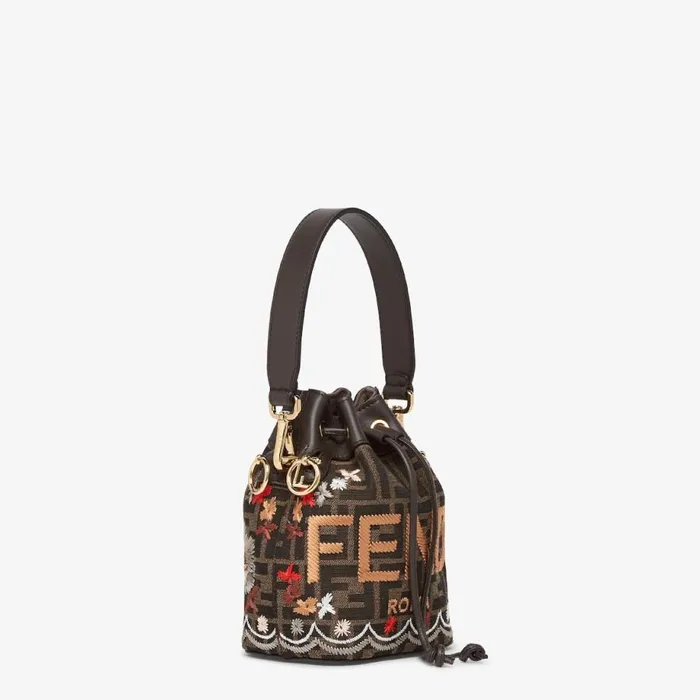 Woman Brown Ff Jacquard Fabric Mini Bag With Embroidery Brown Fendi Bucket Bags