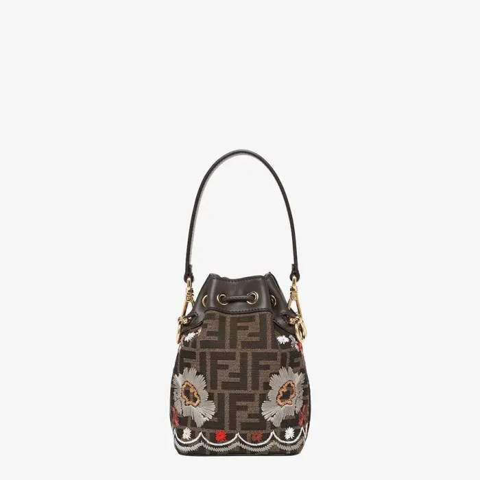 Woman Brown Ff Jacquard Fabric Mini Bag With Embroidery Brown Fendi Bucket Bags