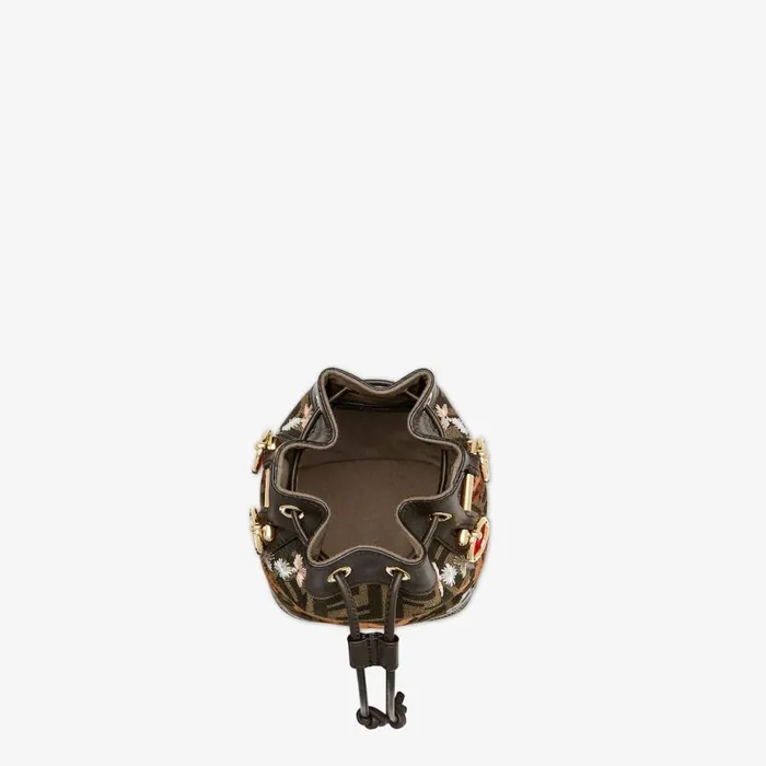 Woman Brown Ff Jacquard Fabric Mini Bag With Embroidery Brown Fendi Bucket Bags