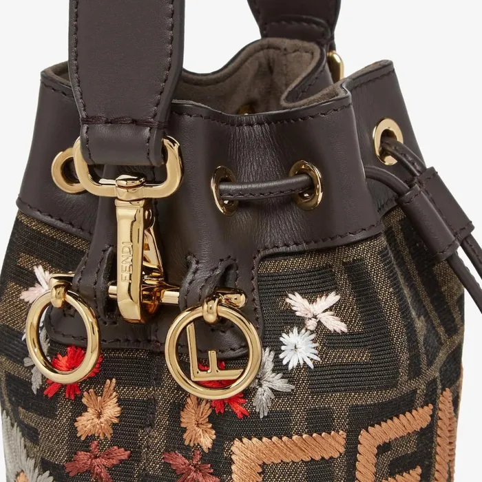 Woman Brown Ff Jacquard Fabric Mini Bag With Embroidery Brown Fendi Bucket Bags