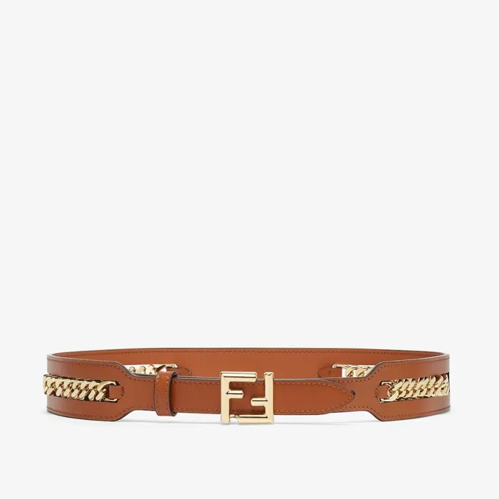Woman Brown Leather Belt With Chain Detail Brown Fendi Belts