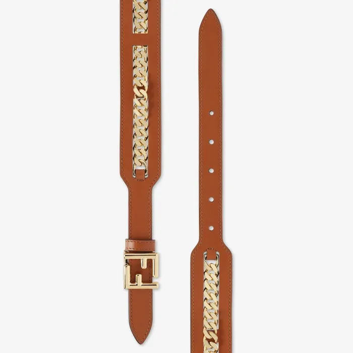 Woman Brown Leather Belt With Chain Detail Brown Fendi Belts