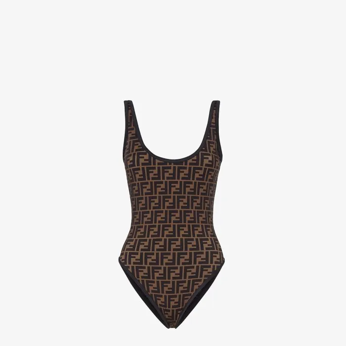 Woman Brown Lycra Swimsuit Black Fendi Swimwear
