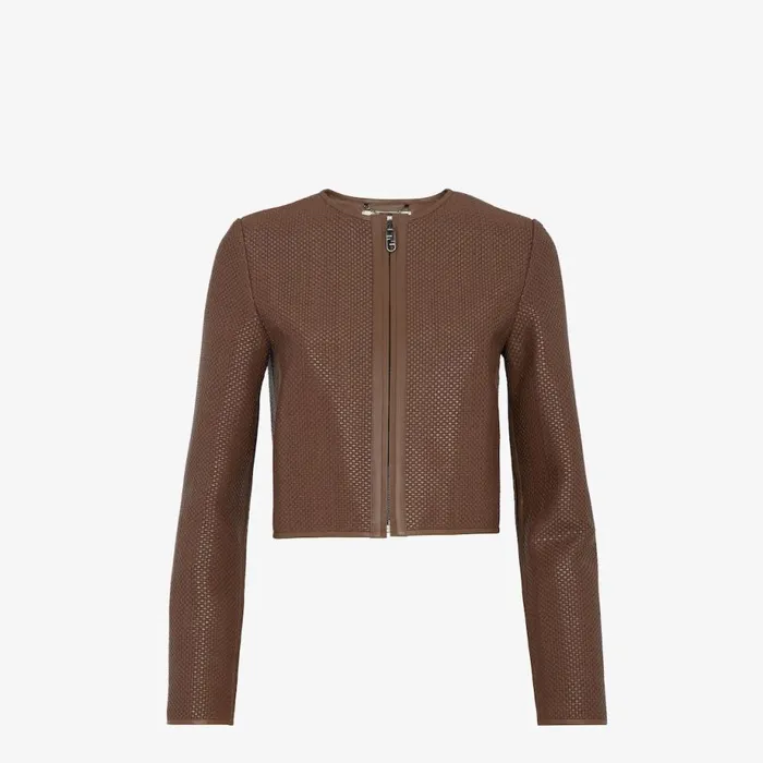 Woman Brown Woven Leather Jacket Brown Fendi Jackets