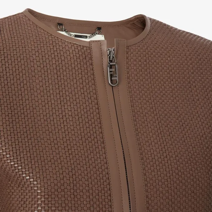 Woman Brown Woven Leather Jacket Brown Fendi Jackets
