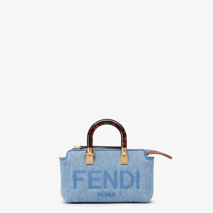 Woman Light Blue Denim Small Boston Bag Light Blue Fendi Mini Bags