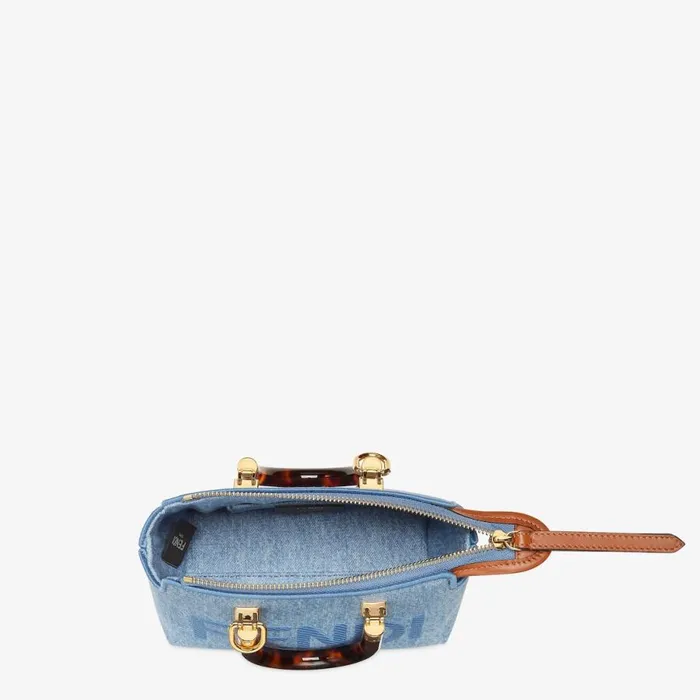 Woman Light Blue Denim Small Boston Bag Light Blue Fendi Mini Bags