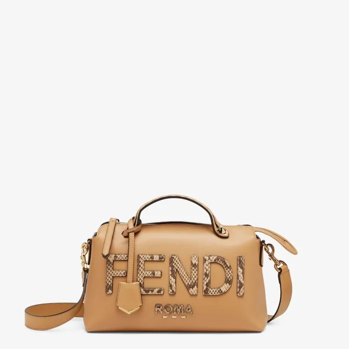 Woman Light Brown Leather And Elaphe Boston Bag Brown Fendi Shoulder and Crossbody Bags