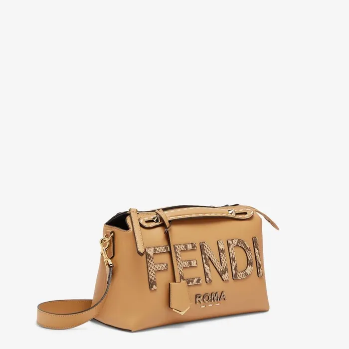 Woman Light Brown Leather And Elaphe Boston Bag Brown Fendi Shoulder and Crossbody Bags