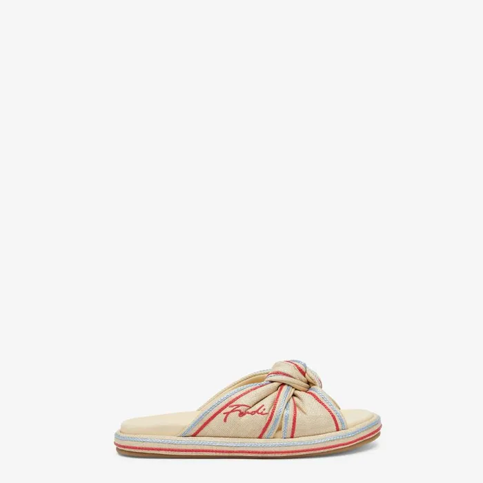 Woman Pale Yellow Raffia Slides Beige Fendi Slides and Mules